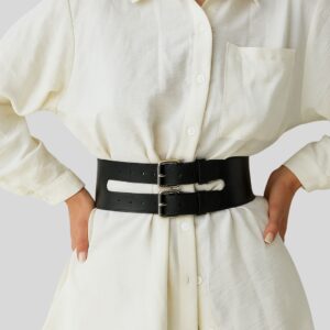 SculptLine™ – Ceinture Corset Noire en Cuir Véritable à Double Boucle