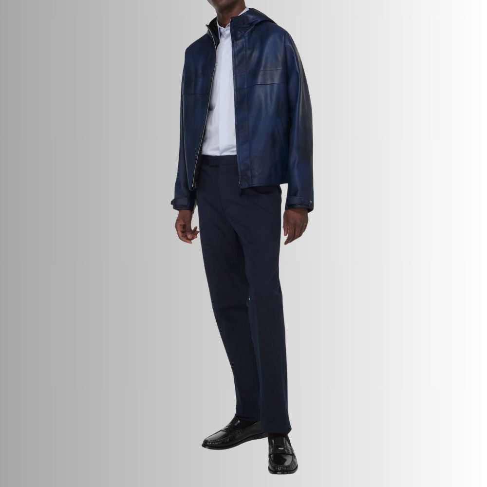 BlueMotive – Veste Cuir Bleu Homme avec Capuche Amovible