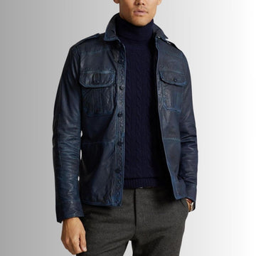 NavyDyed – Veste Cuir Homme Bleu Vintage à Poches Cargo