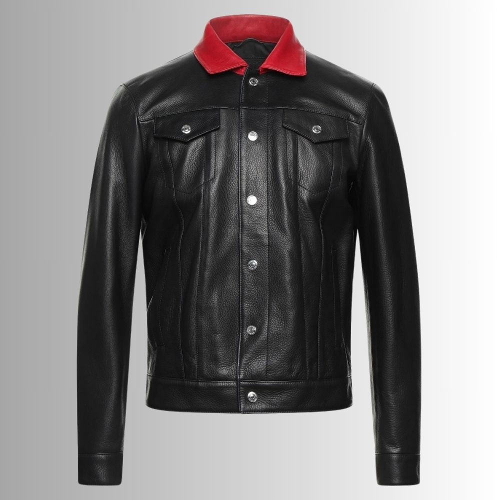 Noir Rouge Icon – Veste Cuir Homme Noire – Col Contrasté Rouge Mode