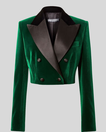 Blazer Femme Velours Vert Court – Élégance Tuxedo