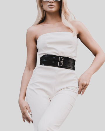Ceinture Corset Noire en Cuir Véritable Pour Femme