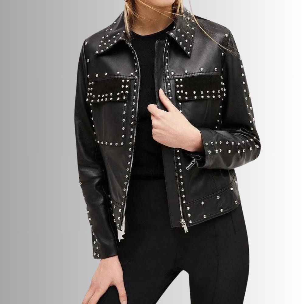 Veste Cuir Cloutee Femme - Noir