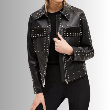 Veste Cuir Cloutee Femme - Noir