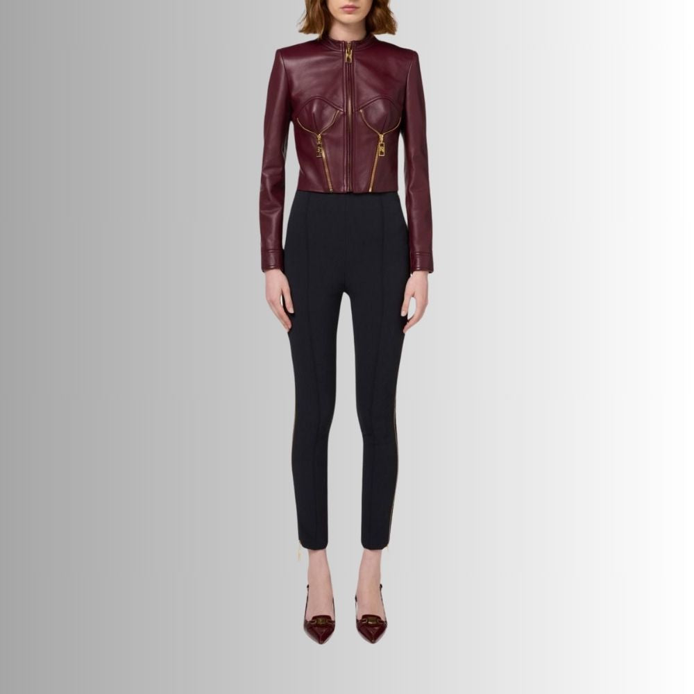 Veste Cuir Femme Bourgogne en Agneau avec Col Montant et Détails Zip