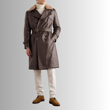 Manteau En Cuir Avec Fourrure Homme en Cuir Marron et Shearling Brun Clair