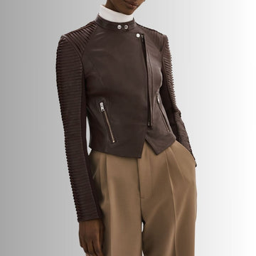 Blouson En Cuir Marron Femme - Manches Coupées