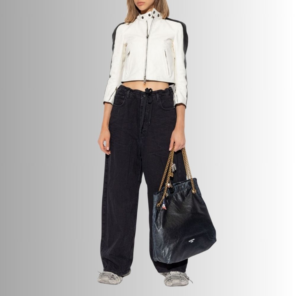 Veste Moto Femme Cuir Blanc et Noir Bicolore en Agneau avec Col Montant