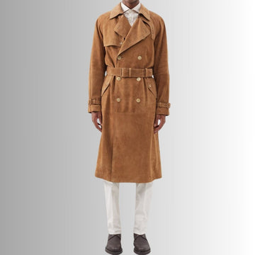 Manteau En Daim Homme Marron avec Ceinture et Boutons Double-Breasted