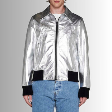 Silver Luxe – Veste Cuir Argenté Homme – Bomber Métallisé Tendance