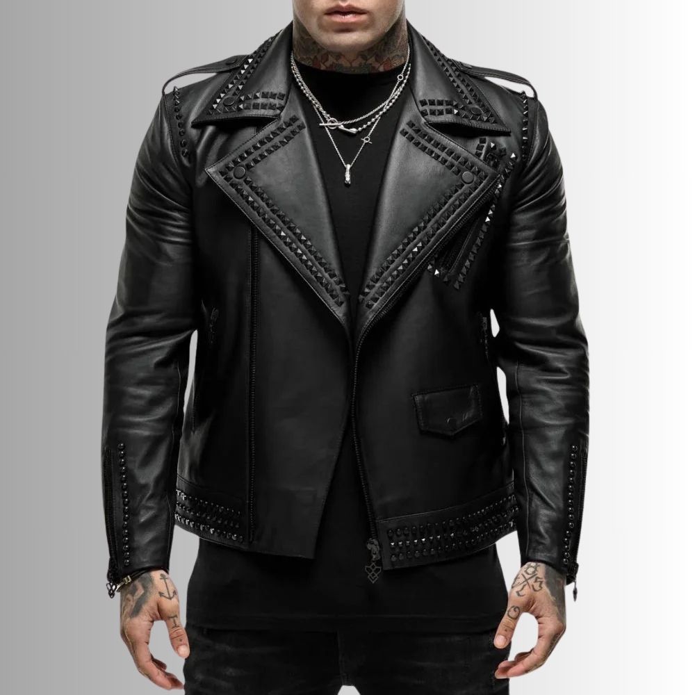 Rock Élite – Veste cuir cloutée homme – Biker noir en agneau véritable