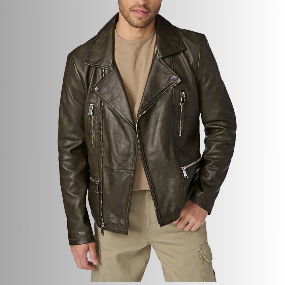 Perfecto Vert Kaki – Veste cuir homme style biker – Coupe asymétrique zippée