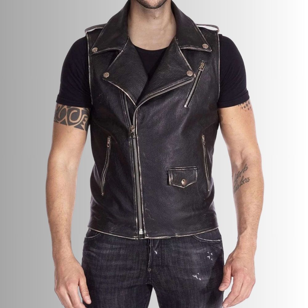 Gilet En Cuir Homme - Style motard en détresse
