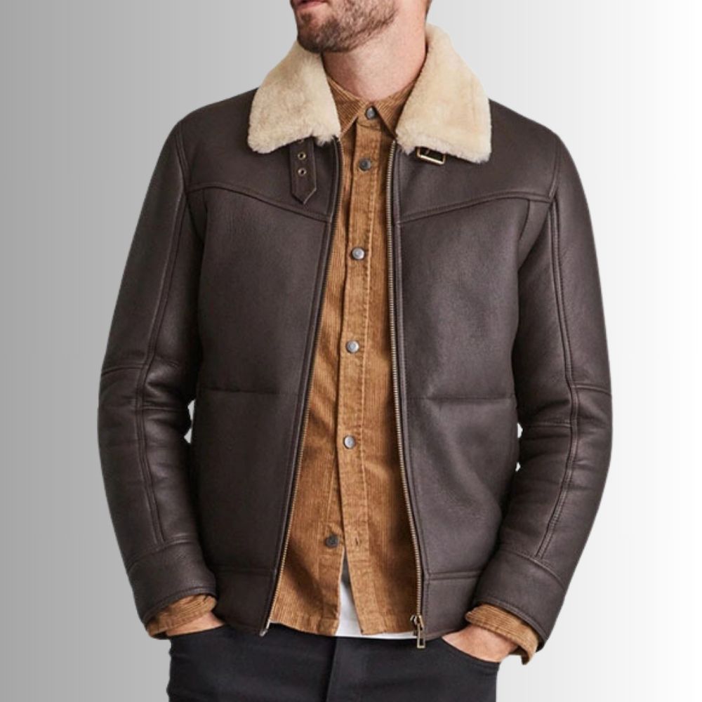 Heritage Mouton – Veste aviateur cuir homme marron – Col fourrure hiver