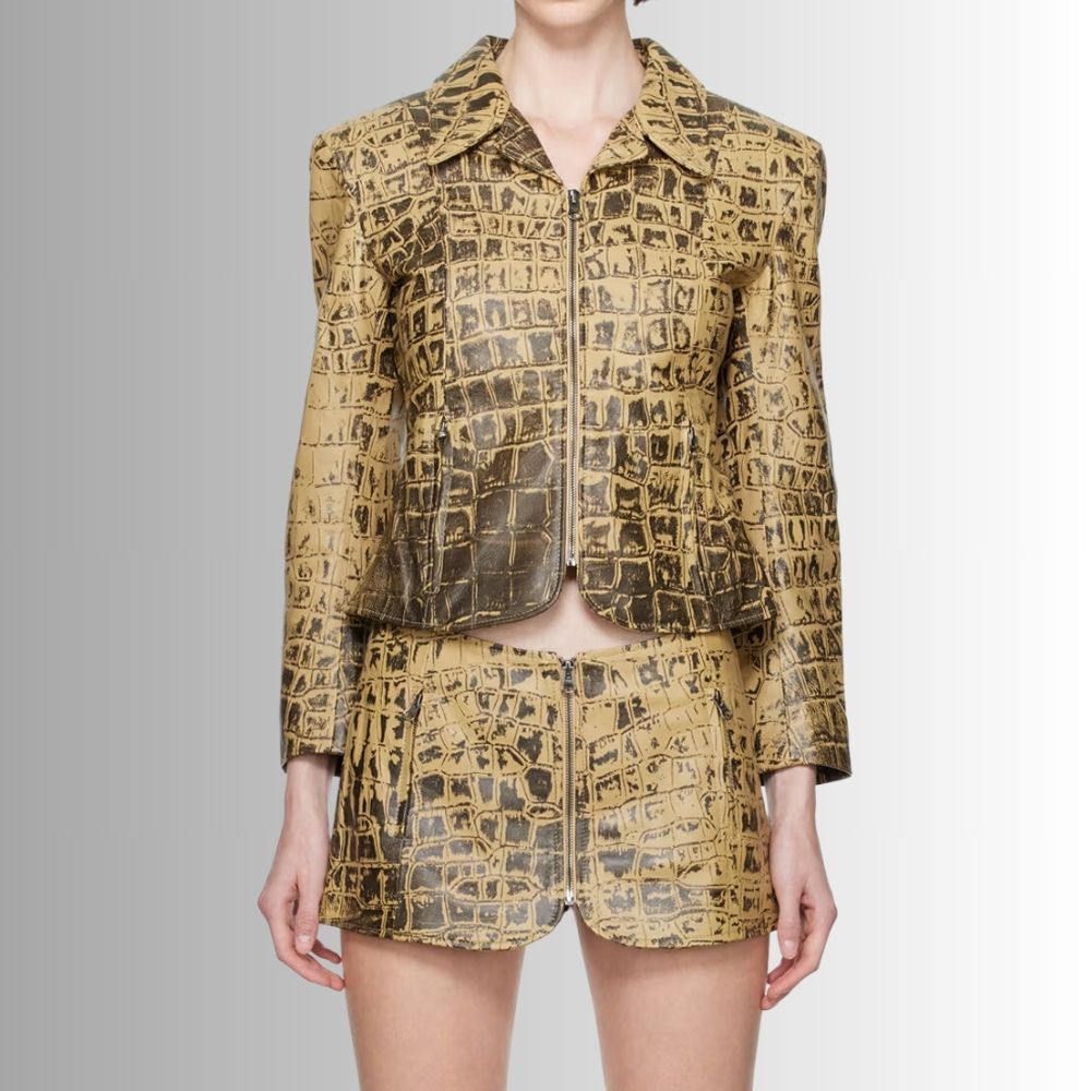 Veste En Cuir Véritable Femme - Croco Embossé