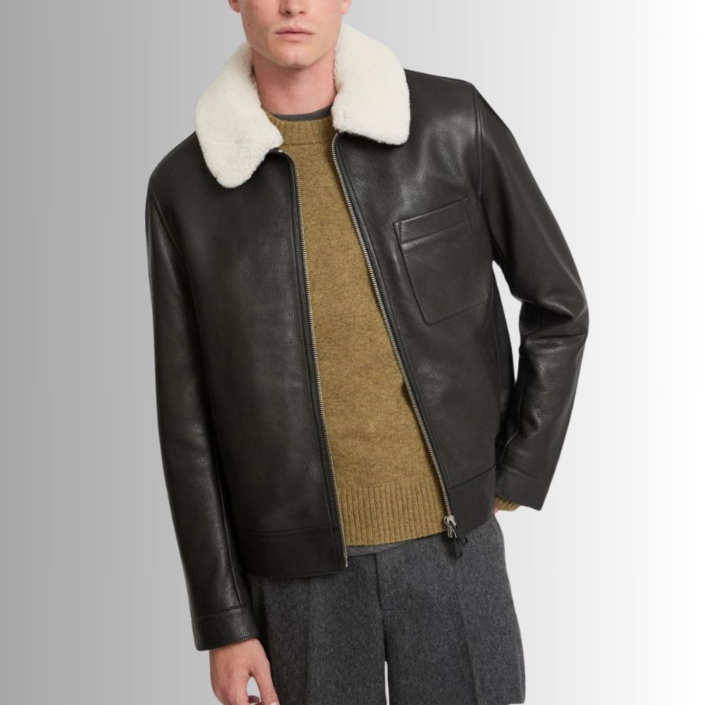 Noir Hiver – Veste cuir noir col mouton amovible – Élégance chaude