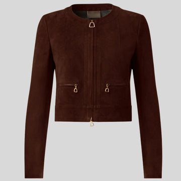 Brun Luxe – Veste Croppé en Daim Marron Foncé pour Femme