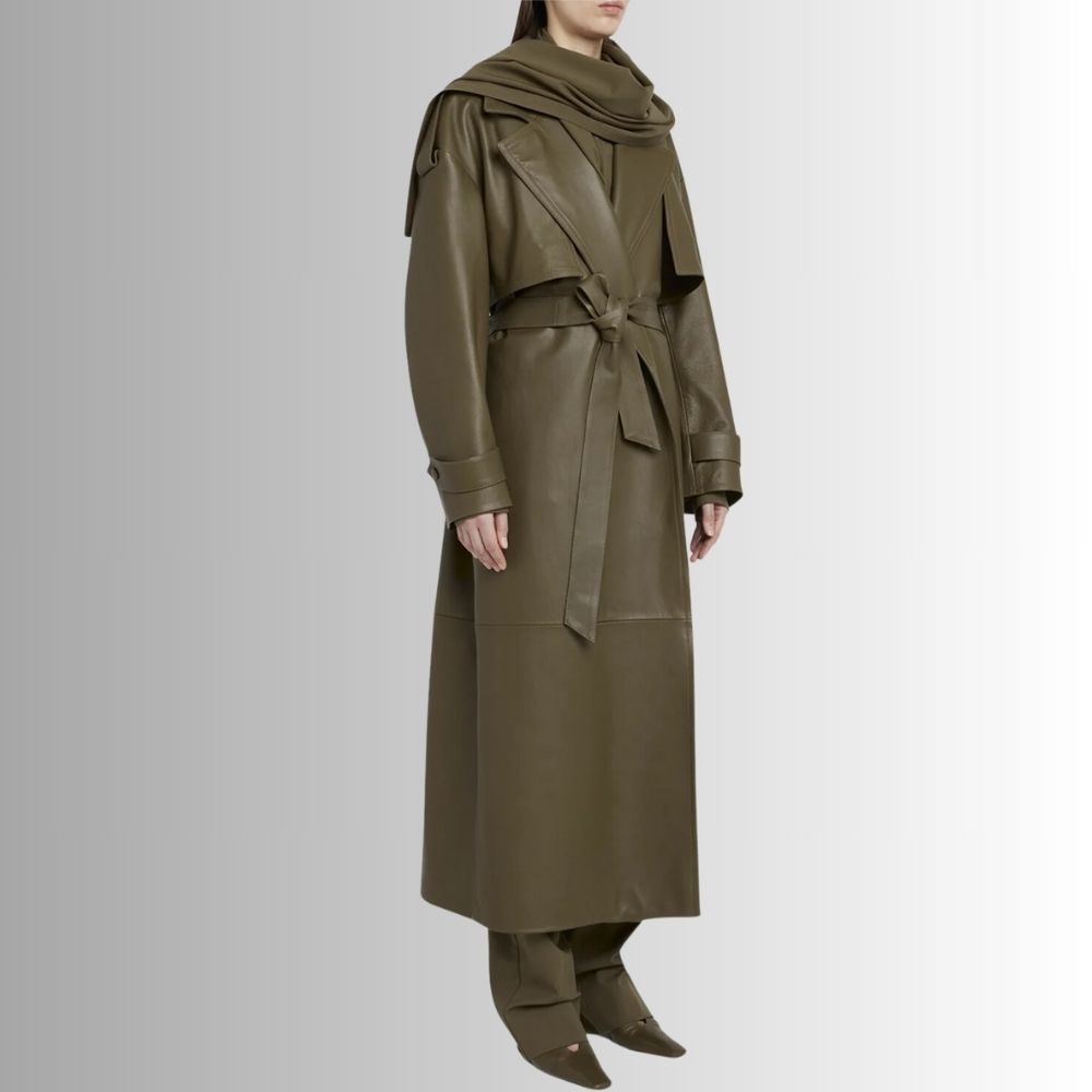 Manteau Cuir Vert Olive Femme - Longue Veste Ceinturée Élégante | Veste française