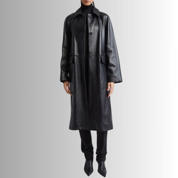 Manteau En Cuir Noir Femme - Longue Coupe Élégante Avec Boutons | Veste française