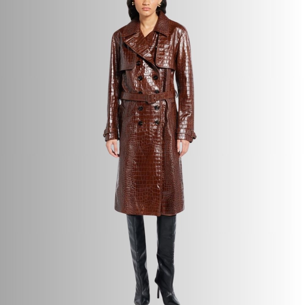 Manteau Cuir Marron Femme Effet Croco - Design Chic Ceinturé