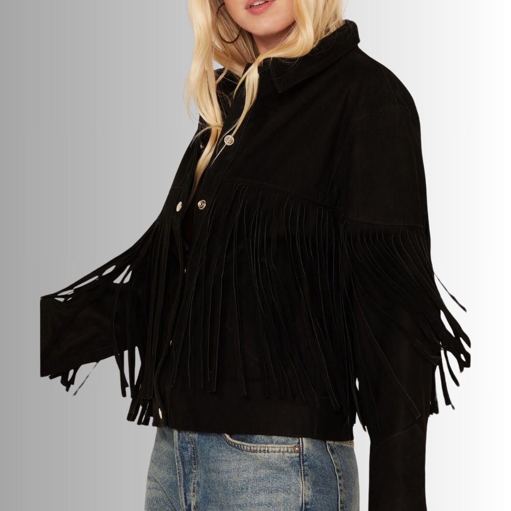 Veste En Daim Noir Femme - Style Frange