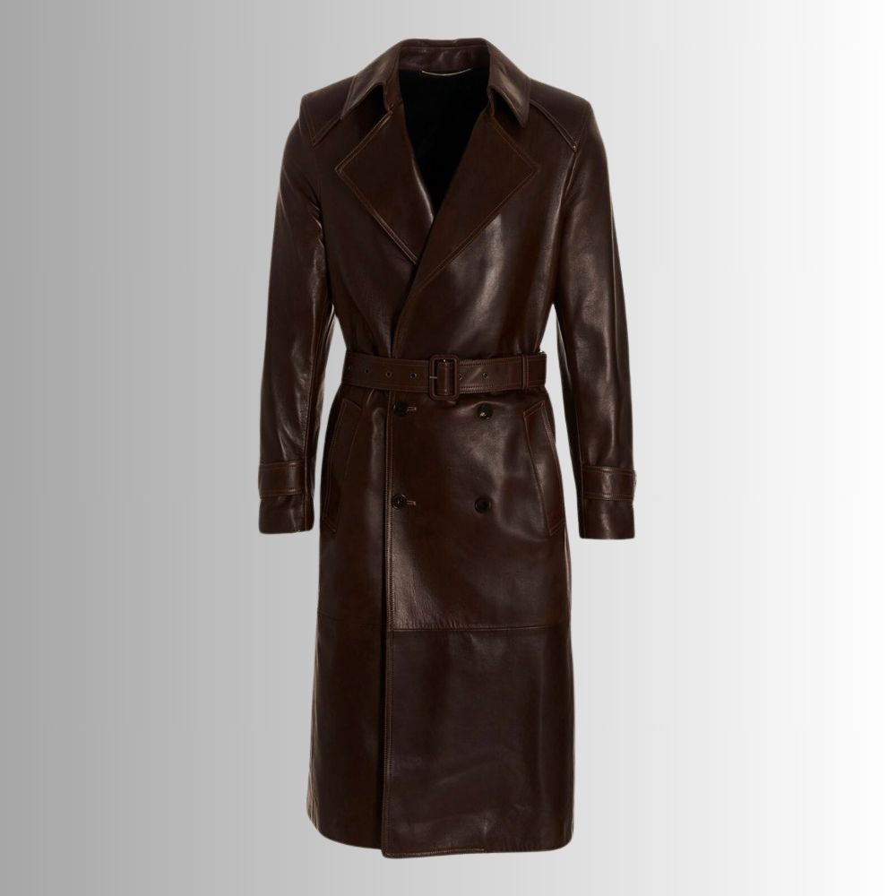 Manteau Long Cuir Homme Marron en Agneau 100% avec Ceinture