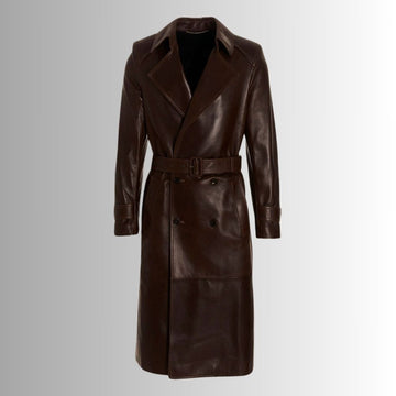 Manteau Long Cuir Homme Marron en Agneau 100% avec Ceinture