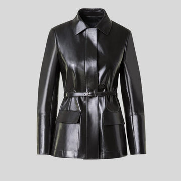 Manteau 3/4 Ceinturé en Cuir Nappa Noir pour Femme avec Col Chemise