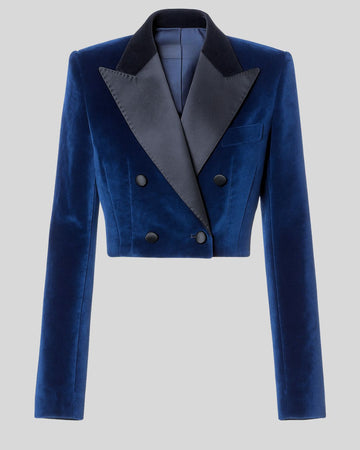 Blazer Femme Velours Bleu Court – Cintré, Satiné, Élégance Soirée