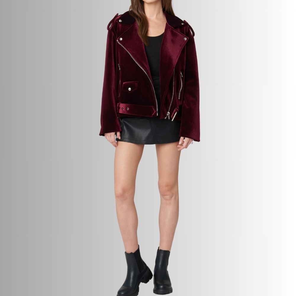 Veste Moto Femme Bordeaux en Velours – Coupe Asymétrique Chic