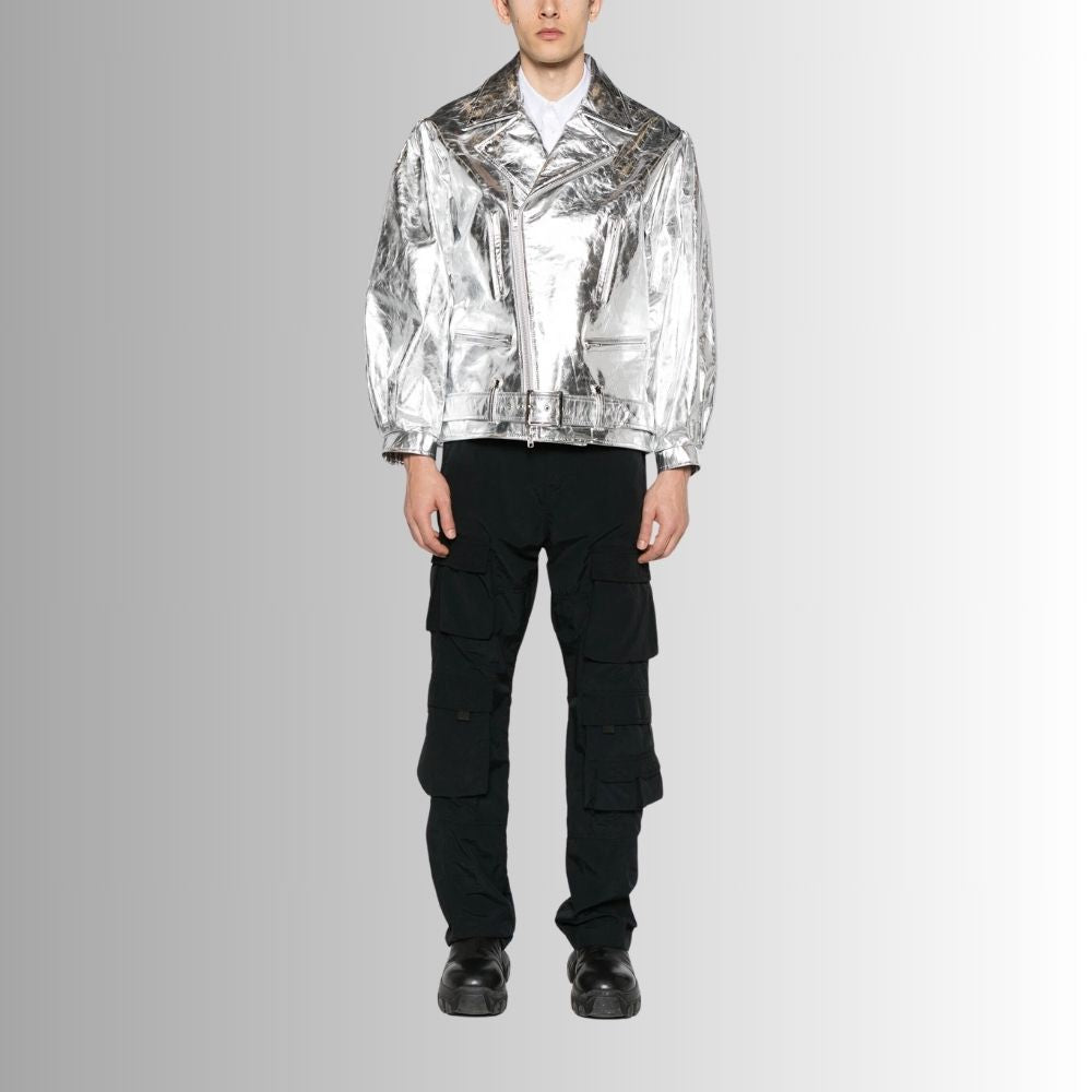 Chrome Surge – Veste Cuir Homme Argentée – Perfecto Oversize Métallique