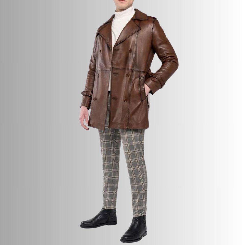 Manteau en Cuir Homme Marron - Mi-Long, Style Élégant