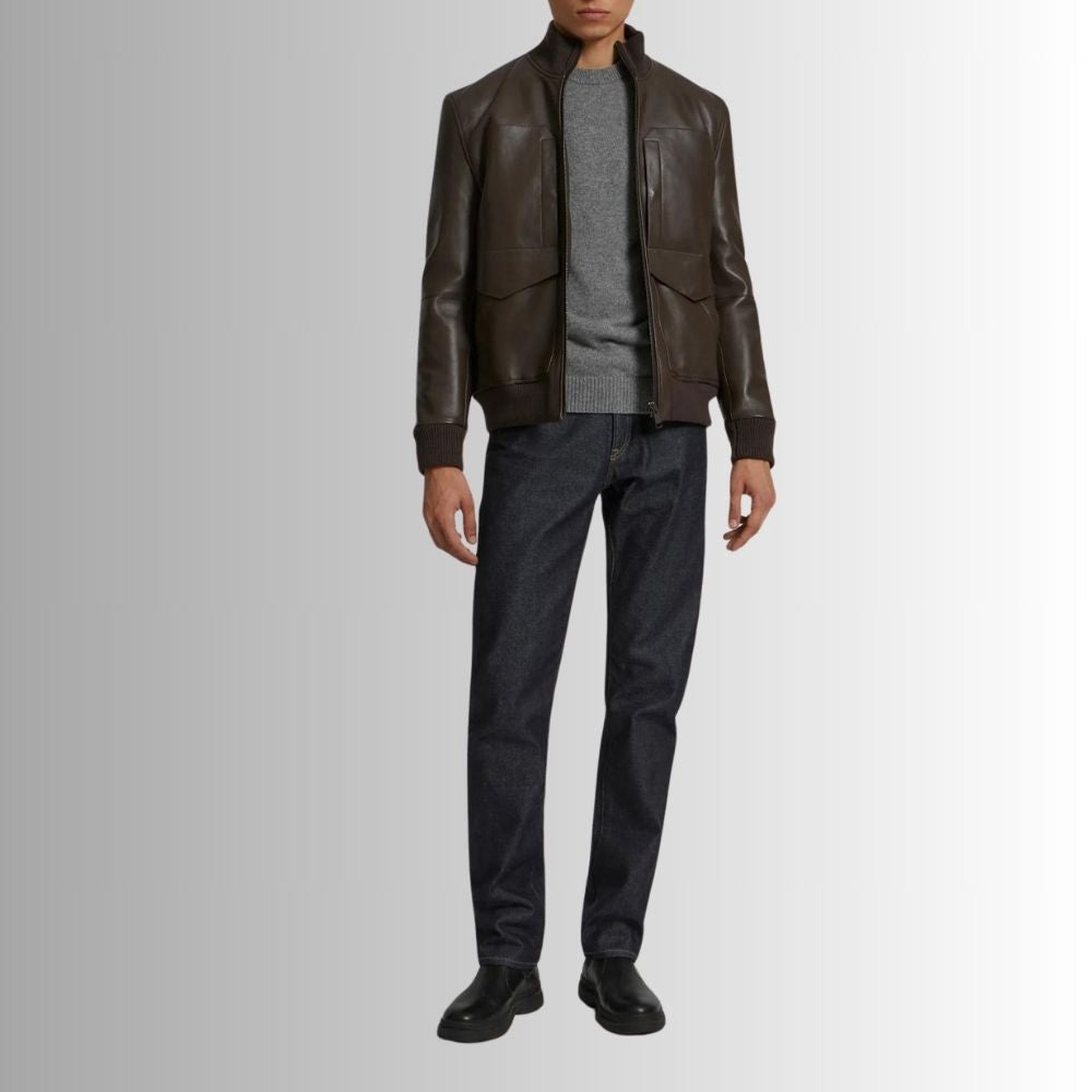 Veste Cuir Marron Homme – Col Tricoté – Moderne à Zip Avant