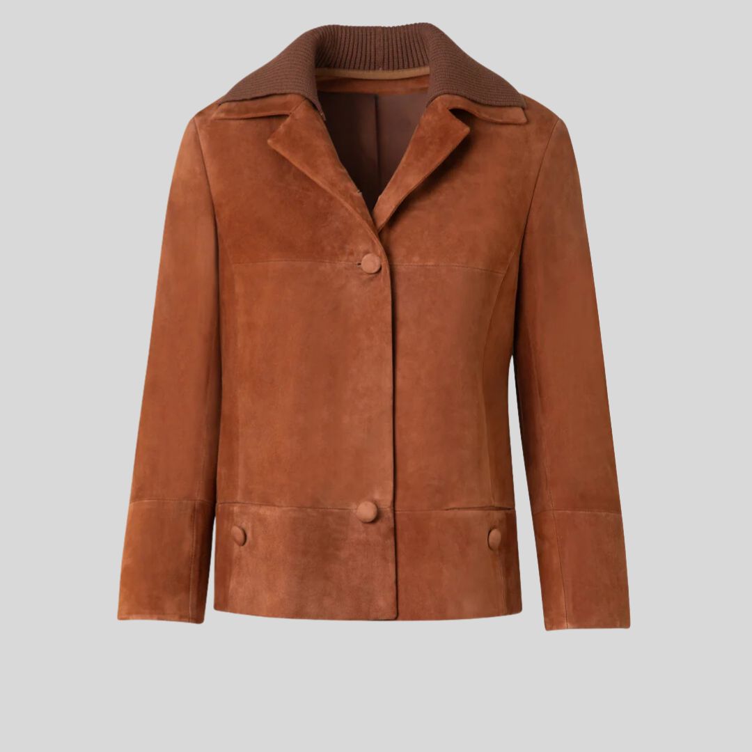 Brun Luxe – Blouson Croppé en Daim Marron Foncé pour Femme