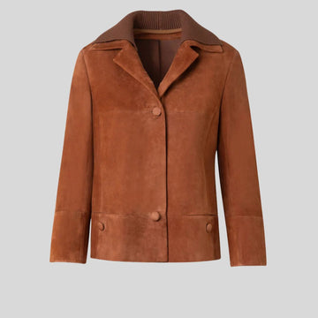 Brun Luxe – Blouson Croppé en Daim Marron Foncé pour Femme