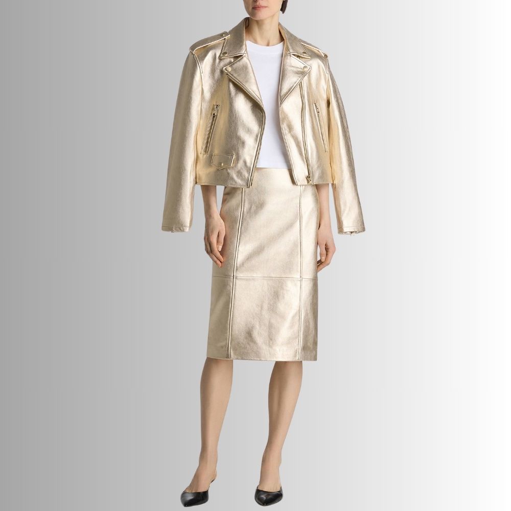 Blouson Cuir Doré Femme - Veste Moto Brillante Style Court | French Veste