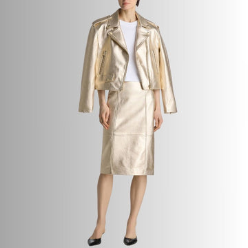 Blouson Cuir Doré Femme - Veste Moto Brillante Style Court | French Veste