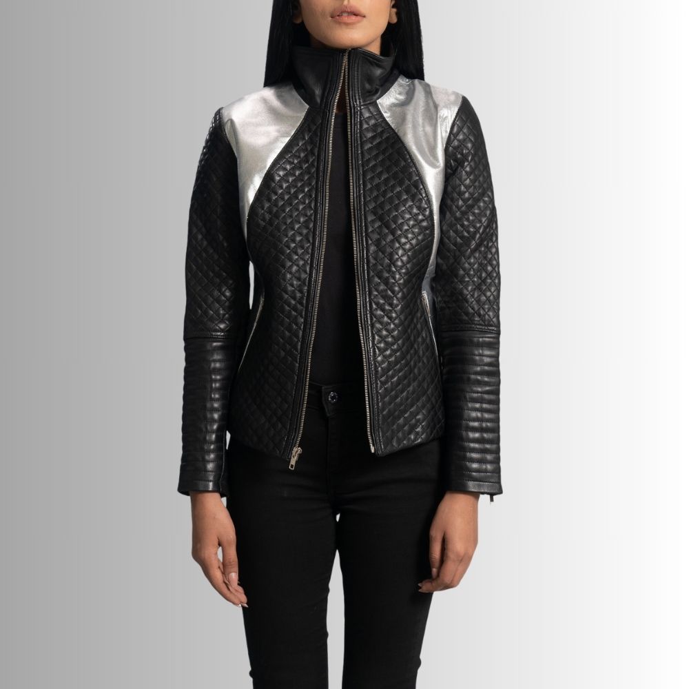 Veste Femme Moto Cuir - Noir Métallisé
