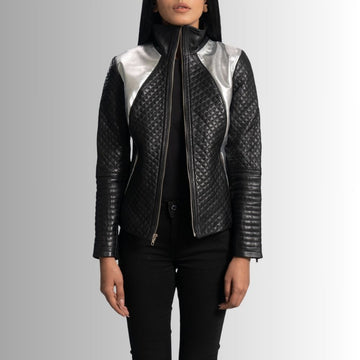 Veste Femme Moto Cuir - Noir Métallisé