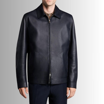 NavySilk Veste Cuir Bleu Homme – Minimaliste en Cuir de Veau – Finition Luxe Zippée