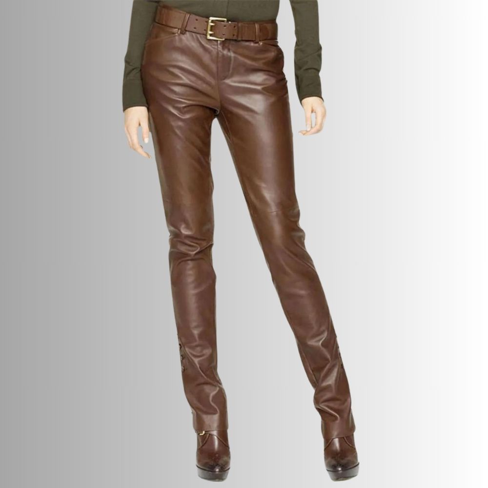 Pantalon Cuir Droit Femme - Marron