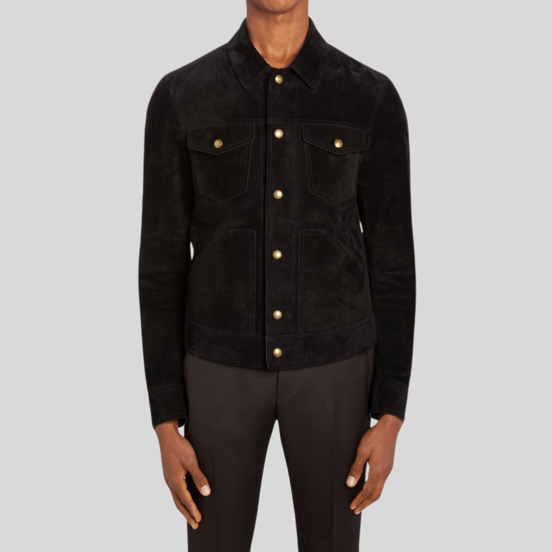 Onyx Crest – Veste En Daim Noire Pour Homme Élégante