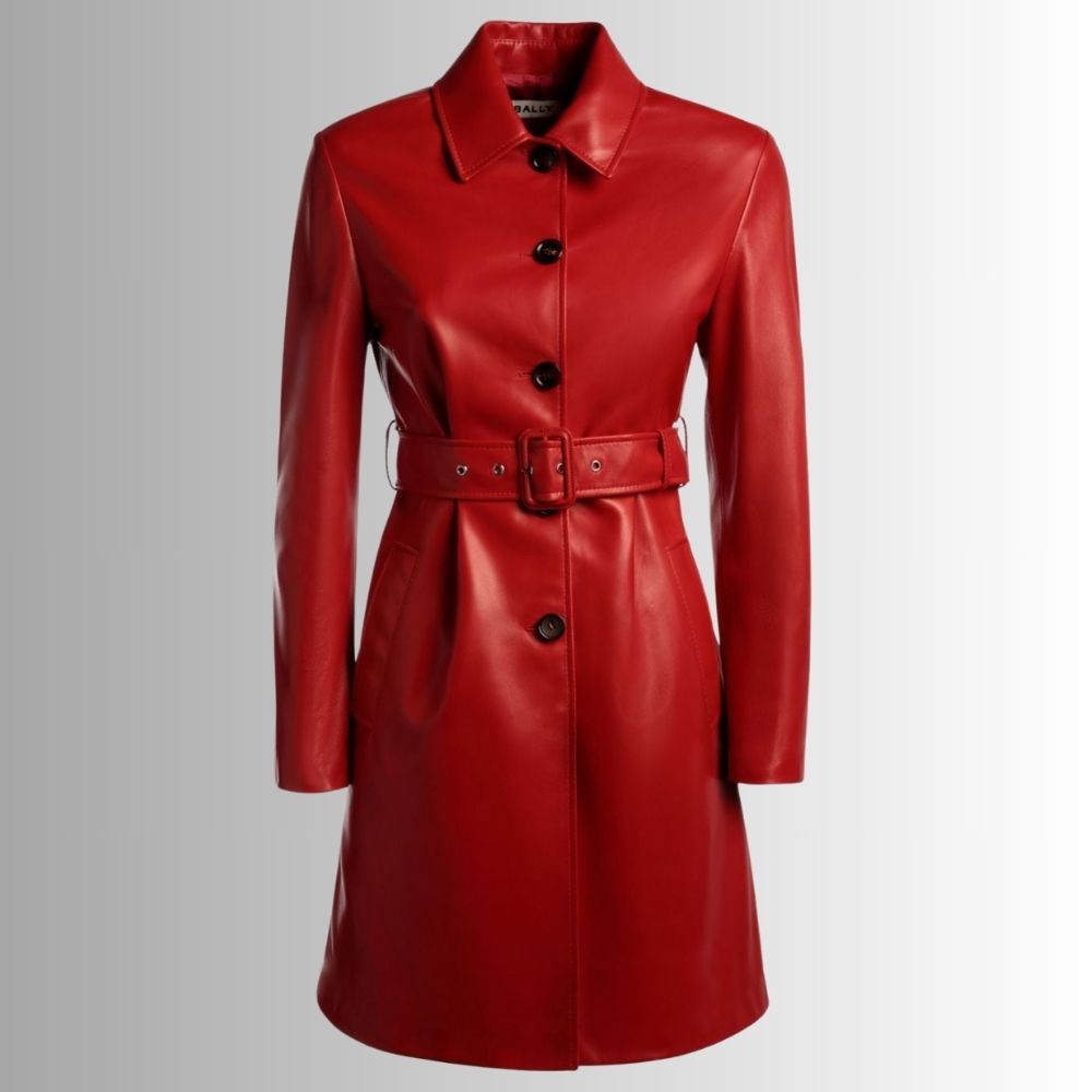 Manteau Cuir Rouge Femme - Style Classique avec Ceinture | VESTE FRANÇAISE