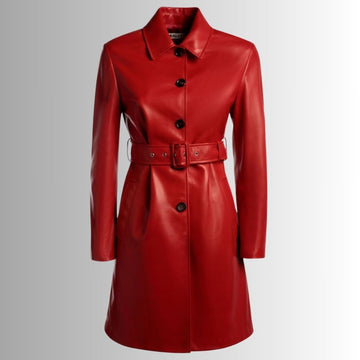 Manteau Cuir Rouge Femme - Style Classique avec Ceinture | VESTE FRANÇAISE