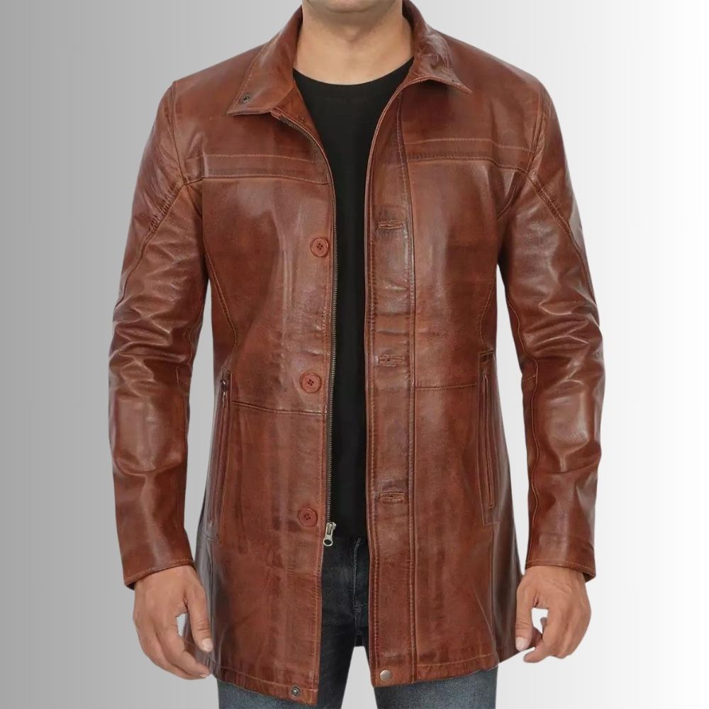 Manteau Cuir Homme Marron - 3/4 Longueur