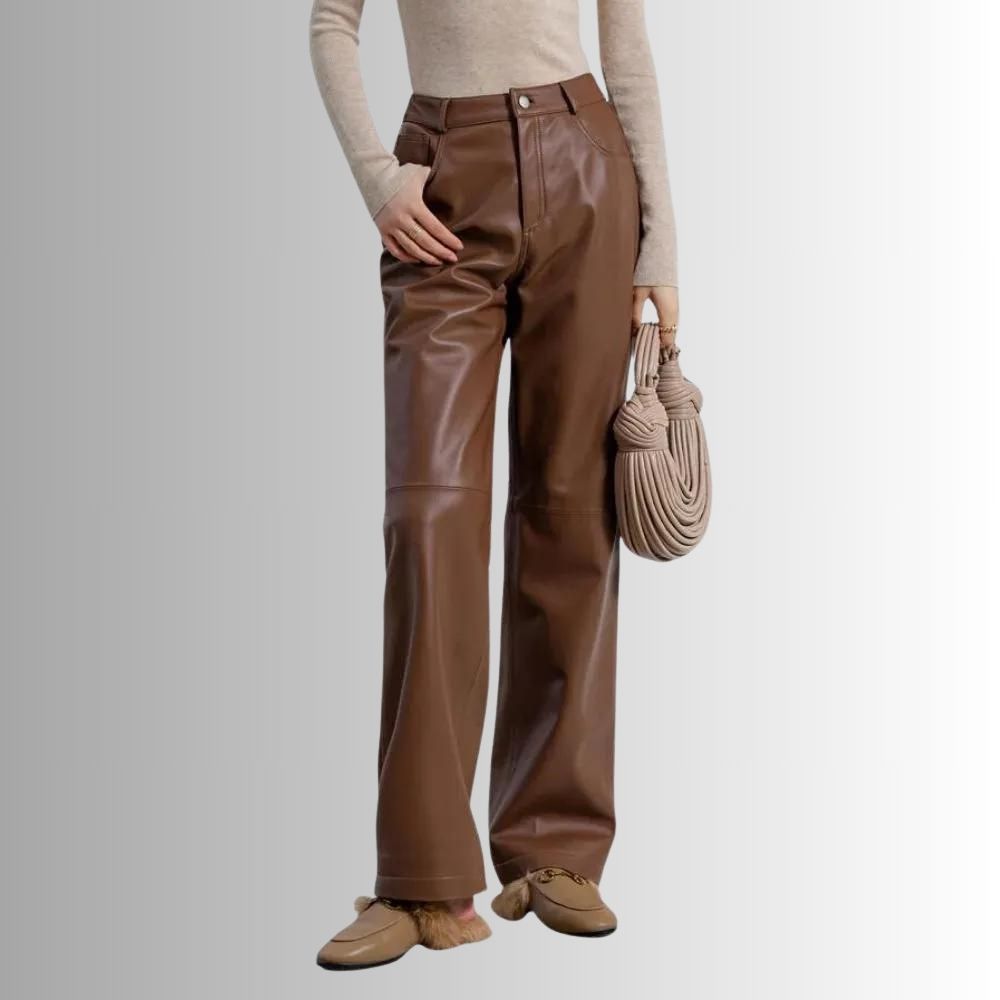 Pantalon Cuir Marron Femme - Coupe Droite
