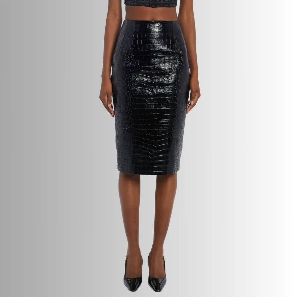 Jupe Cuir Noir Femme - Croco En Relief