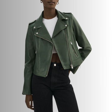 Blouson En Cuir Cert à Capuche Amovible Pour Femme