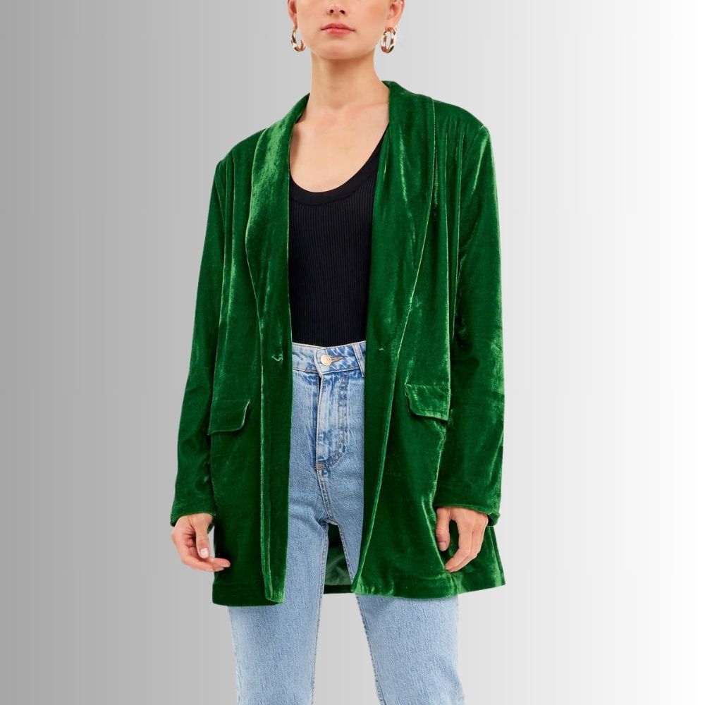 Blazer Oversize Femme Vert – Velours Longue Coupe Élégante