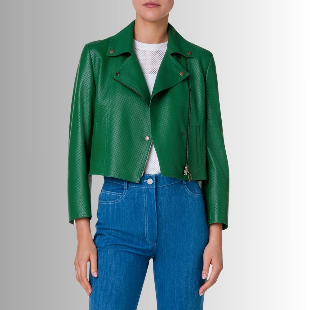 Blouson en cuir vert femme